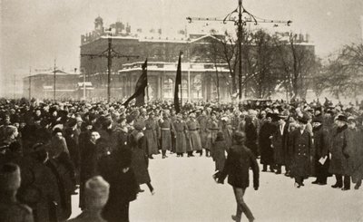 Soldiers with Red Flags Leading an Immense Crowd in the Nevsky Prospect, March 1917 by Russian Photographer